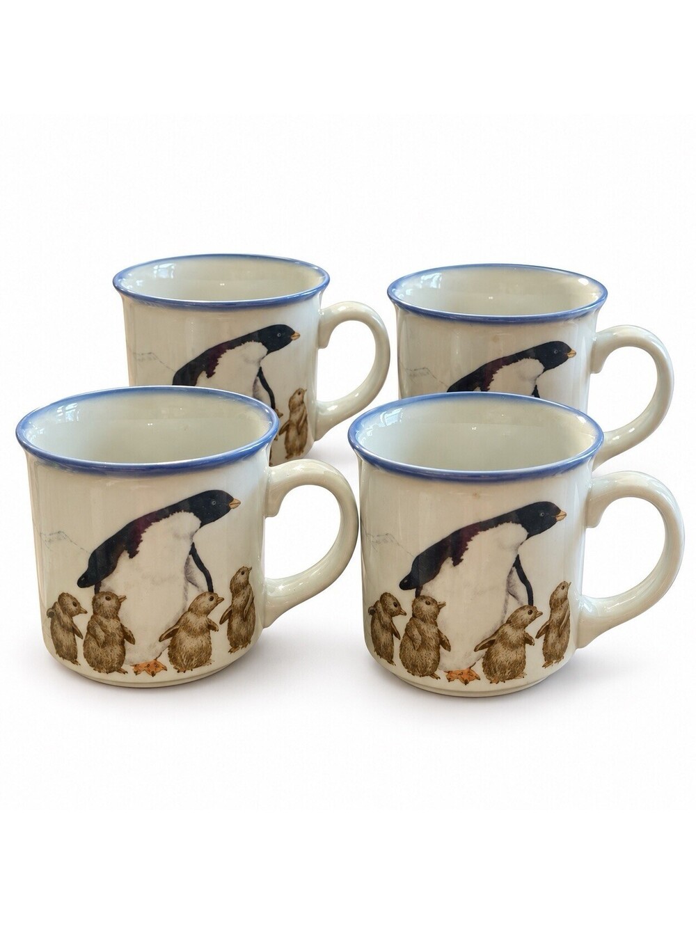 Gibson Greetings Penguin Mugs Set of 4 Otagiri Japan Blue Rim